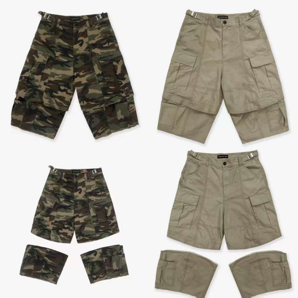 New European Streetwear Loose Fit Deconstructed Zipper Patchwork Cargo Men's Camouflage Shorts