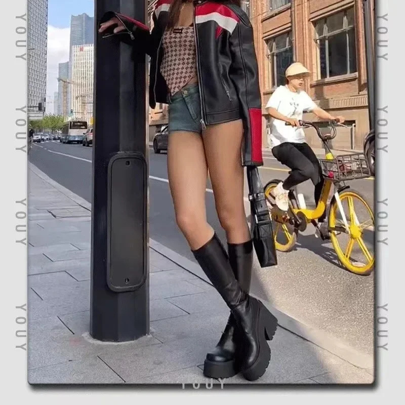 Women Boots Gothic Boot for Womens Sexy Chunky Platform Soft Leather Long Boots Walking Comfy Sole Boots Women 250623