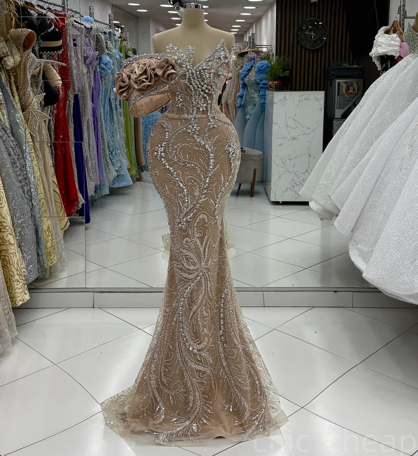 Champagne Mermaid Prom Dresses 2025 Illusion Crystals Flowers Evening Formal Party Second Birthday Engagement Gowns Plus Size Dress For Special Occasi
