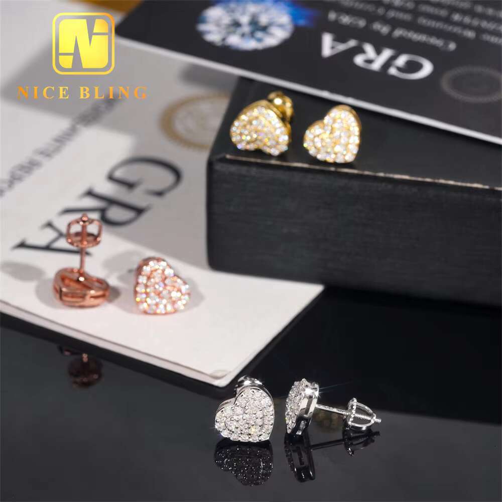 Classic Hip Hop Jewelry Heart Shape Iced Out Ear Studs 925 Sterling Silver VVS Moissanite Stud Earring for Women