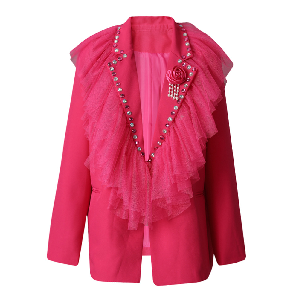 Women's Jackets European and American heavy industry design sense flower inlaid diamond splicing mesh collar suit autumn new style temperament lo