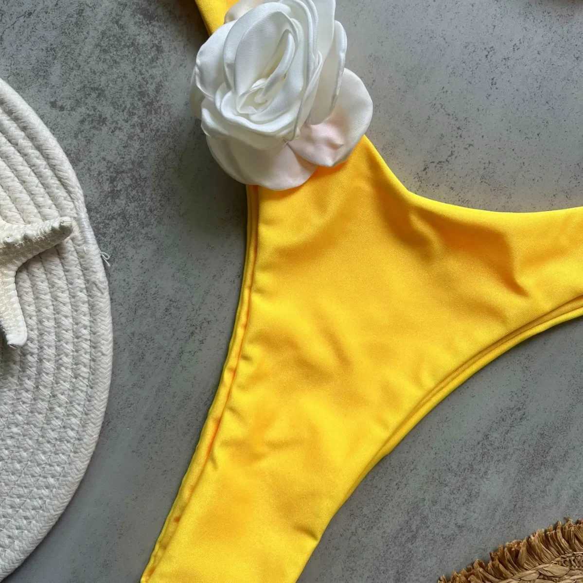 2025 yellow three-dimensional flower new solid color bikini sexy backless split swimsuit nylon bikiniXJ250624