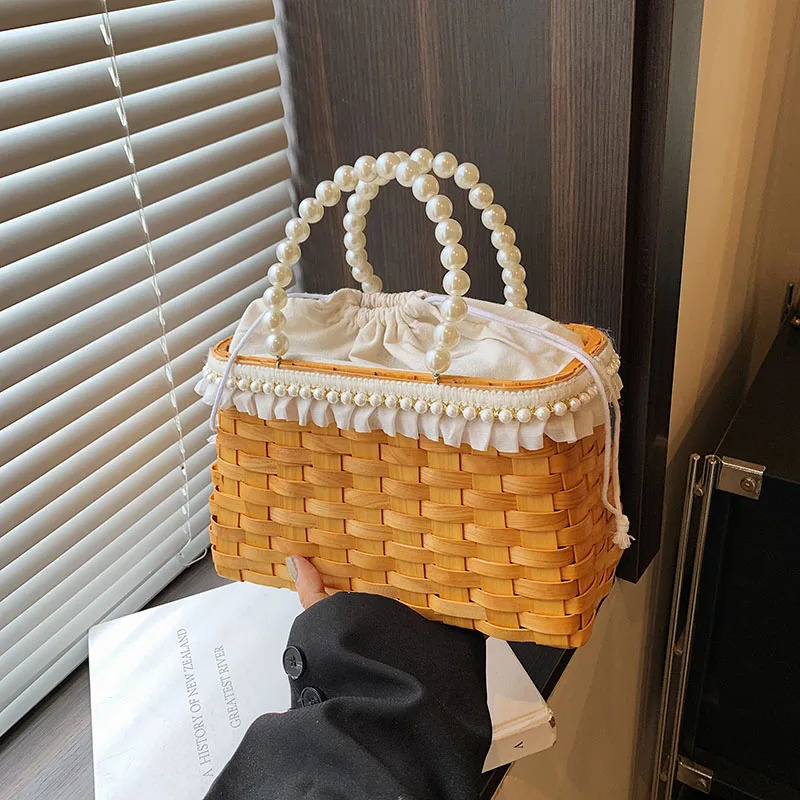 Vine Weaving Bag Summer Handmade Bag Retro Style Pearl Handheld Womens Bag Chain Diagonal Straddle Phone Bag 250623