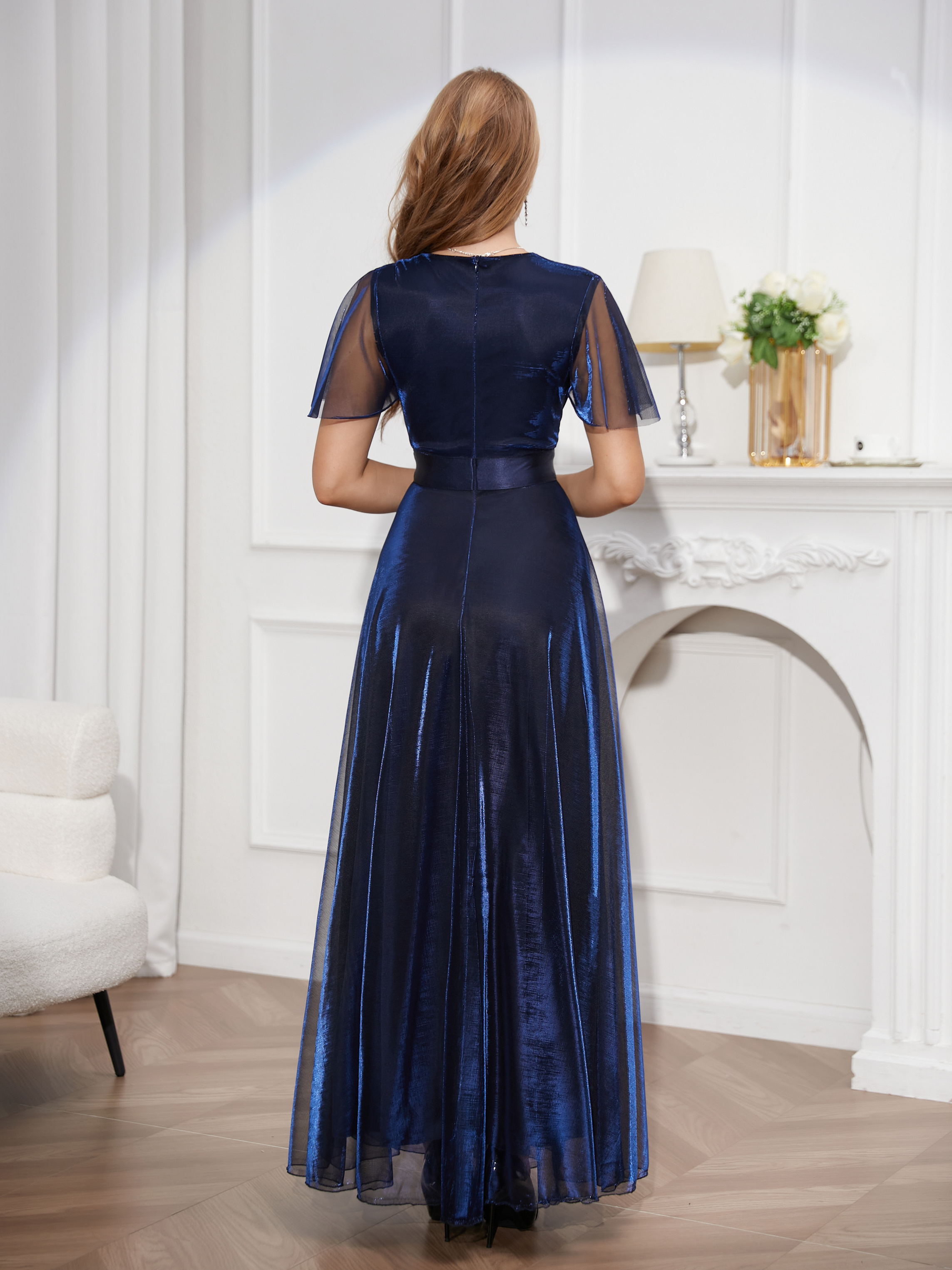 Prom Dresses with flashing fabric sexy deep V sling dress elegant tulle dress prom dress bridesmaid dress