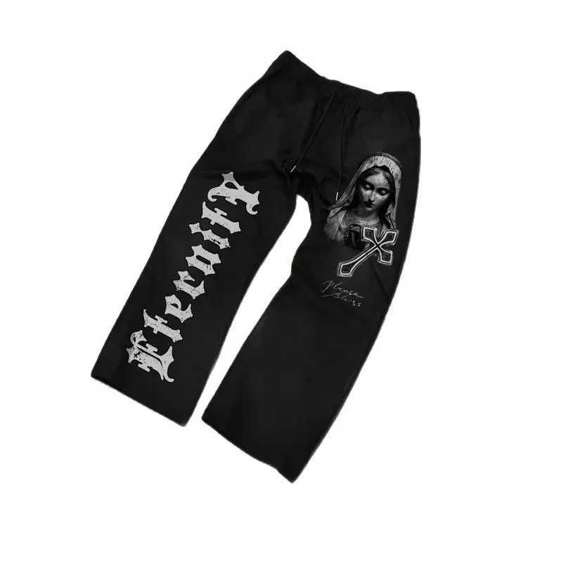 Gothic dark hip-hop casual straight leg pants mens printed loose sports pants trendy and fashionable drawstring sweatpants X250625