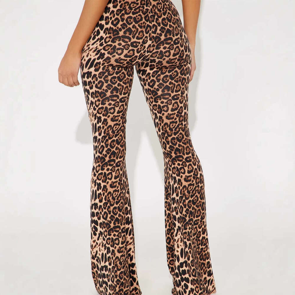 New Women's Casual Leopard Print Lace Trim Patchwork Mid-Waist Slim Fit Hip-Lifting Pants B5