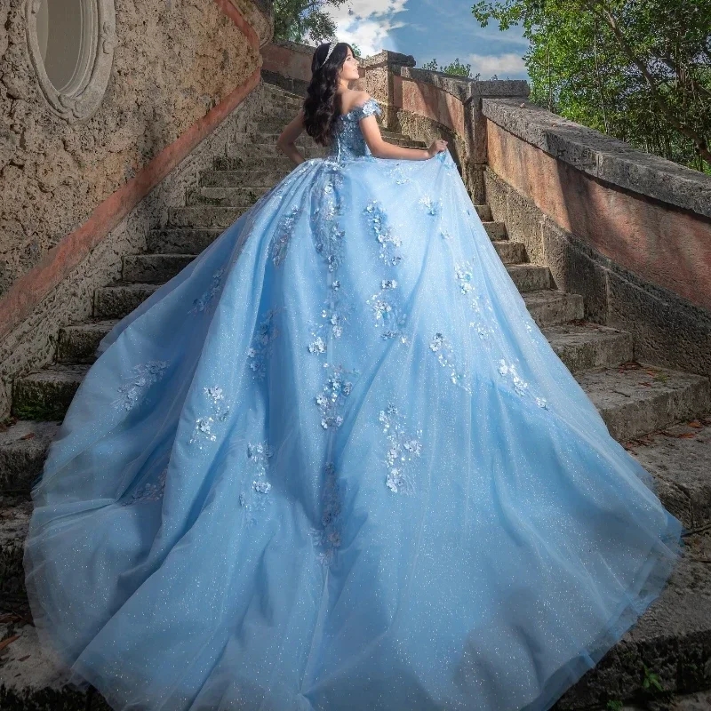 2025 Sky Blue Ball Gown Quinceanera Dresses Beading 3D Flower Applique Tull Birthday Party Mexican Sweet 16 Dress Vestidos De 15 Anos