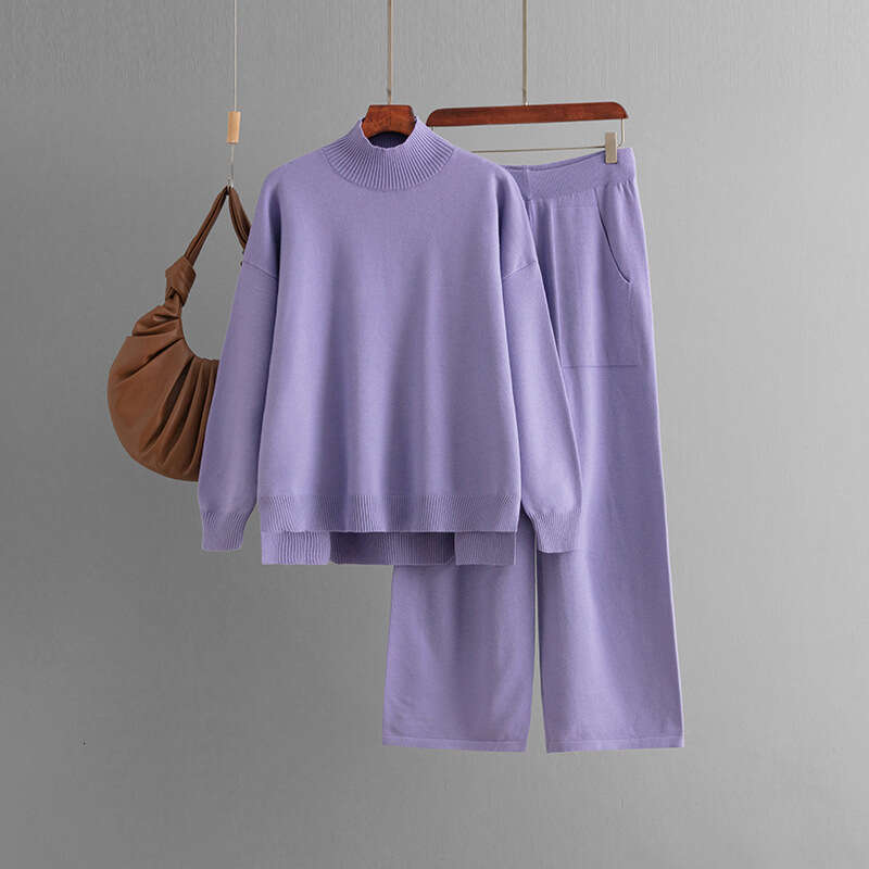 Solid Color Knitted Half Turtleneck Slit for Women 2024 Autumn Winter Fashion Casual Sweater Two-Piece Set