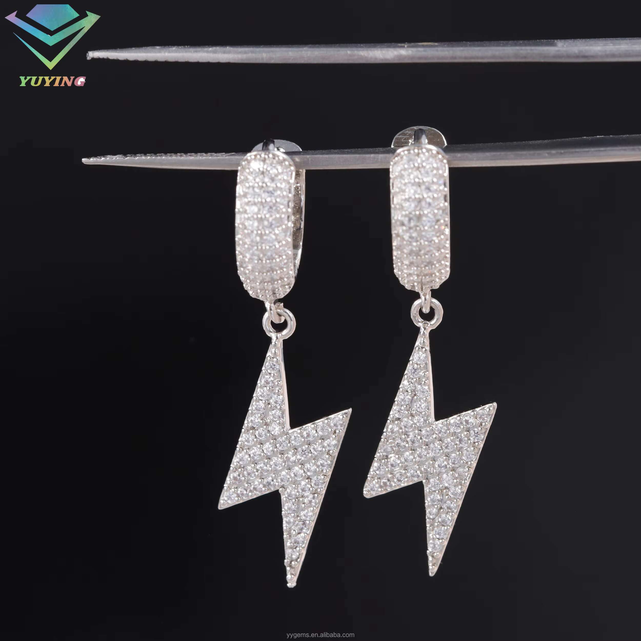 New Arrivals lightning Ice Out Moissanite S925 Silver White Gold Plated Hip Hop Fashion Jewelry Hoop Earrings