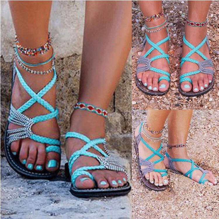 Plus Size Rope Knot 2025 Summer Beach Toe Post Women's Flat Sandals
