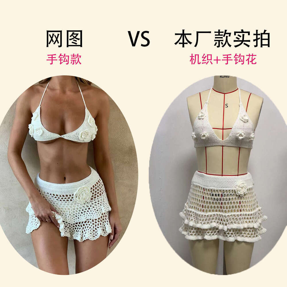 Bikini Hand-Crocheted Two-Piece Crochet Mid-Strand Swimsuit Beach Cover-Up Set B5
