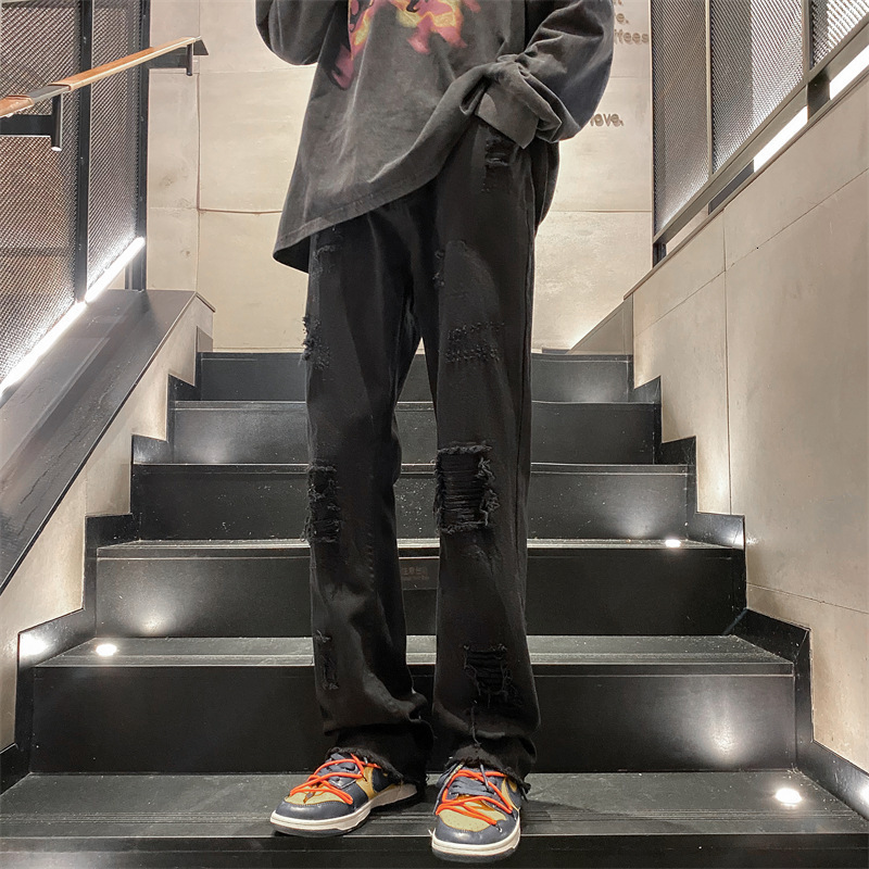 Fashionable street style designer men's ripped jeans fashion brand High street straight loose suitable for multi-functional cool long pants