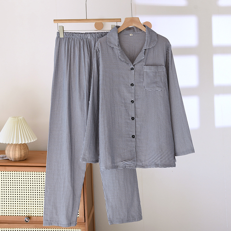 Wholesale baby cotton yarn sleepwear, women's spring and autumn thin style breathable and sweat absorbing collar, small square simple long sleeve