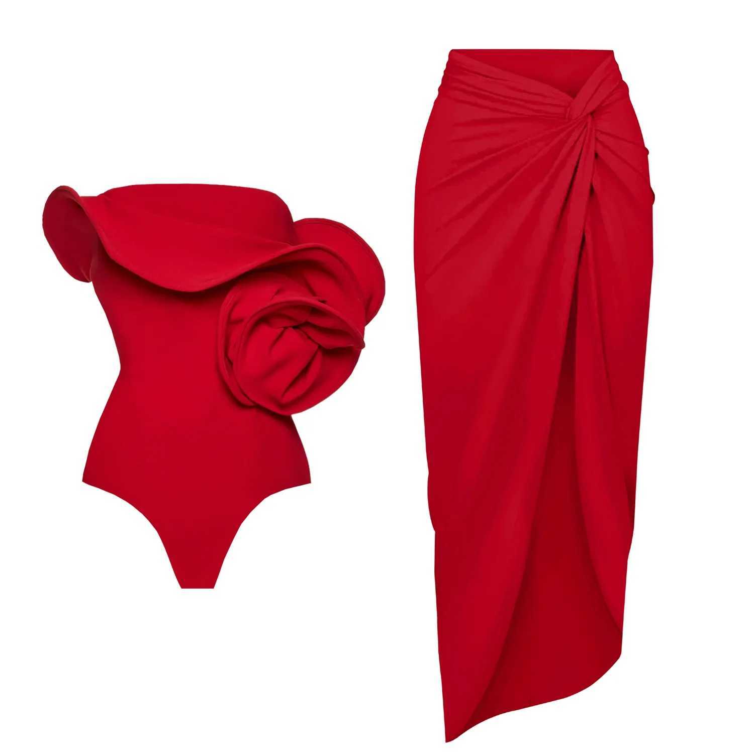 Red Flower One Piece Swimsuit Women Swimwear 2025 Bikini Luxury Designer High Waist Biquini Female Swim Suits Bodysuit BeachwearXJ250624