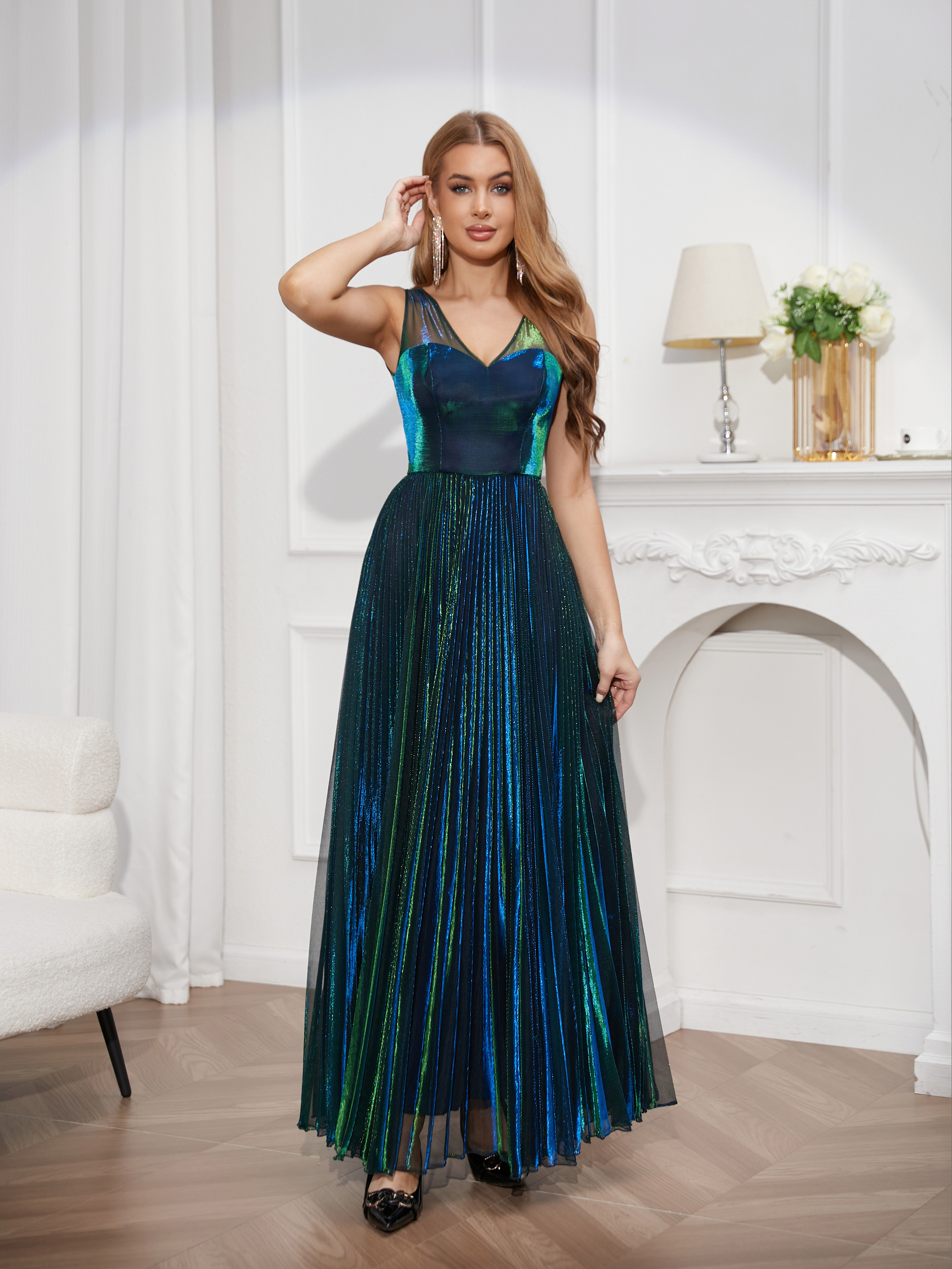 prom Ball dress fashion pleated sexy deep V sling dress tulle dress ball dress bridesmaid dress Prom Dresses