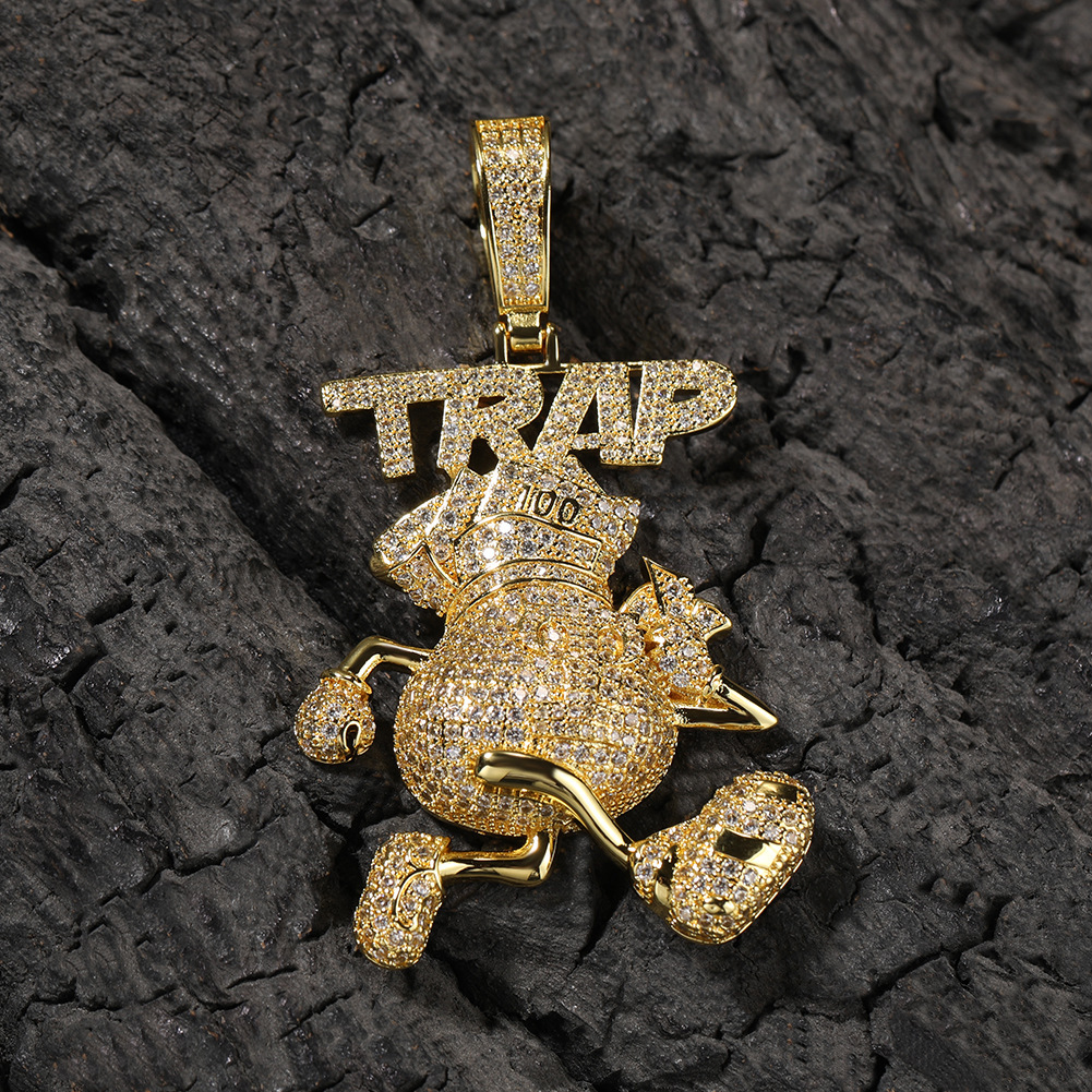 Hot Selling Hip Hop Running Money Bag TRAP Pendant Necklace Full Diamond Cubic Zirconia Cartoon 14K Gold Collar Party Rapper Jewelry Accessories Bijou