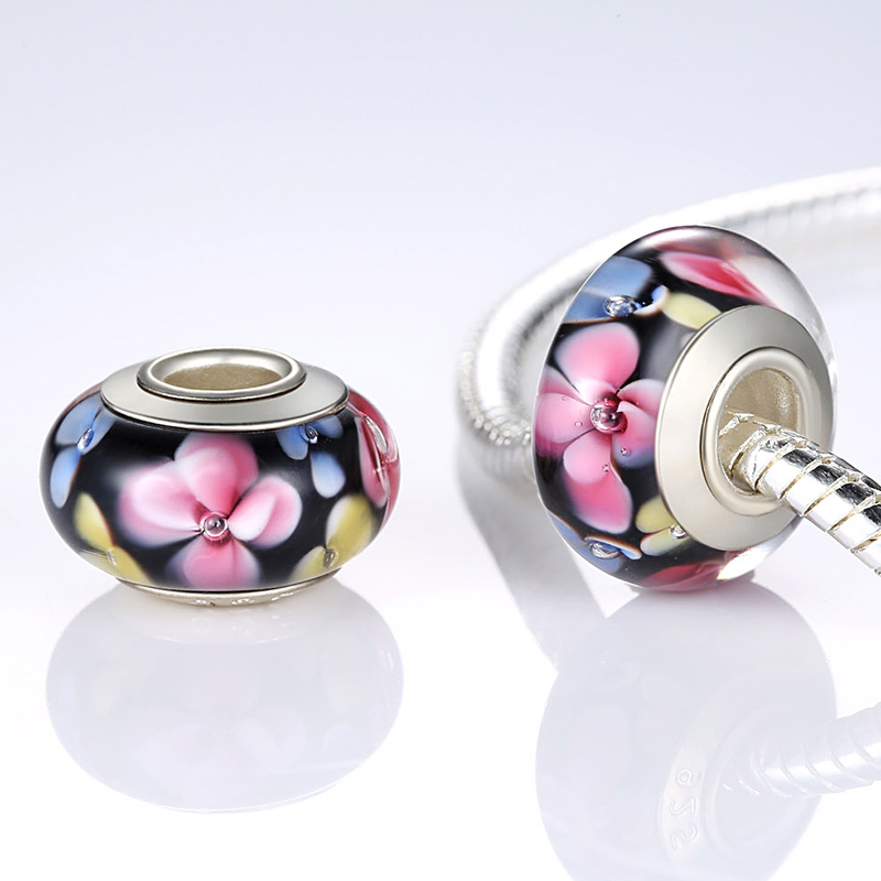 New Arrival Pink Luminous Murano Glass Beads Flower Colorful Charms Beaded Fit Original Bracelet Pendant DIY Jewelry Making Elegant Bracelet Pendants
