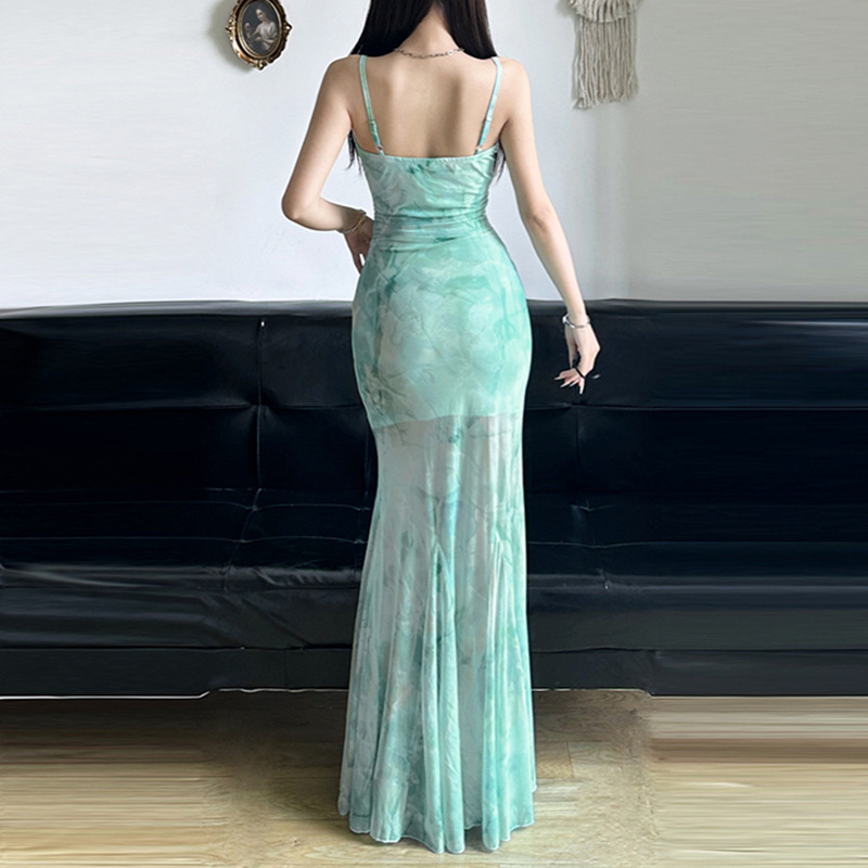 FD278 Spring and summer fresh mint green mesh suspender dress