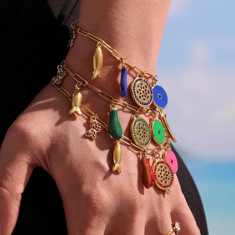 Nivora Ethnic Style Colorful Enamel Pendant Bracelet For Women Stainless Steel Multiple Shape Zircon Charm Bracelet Jewelry X250625