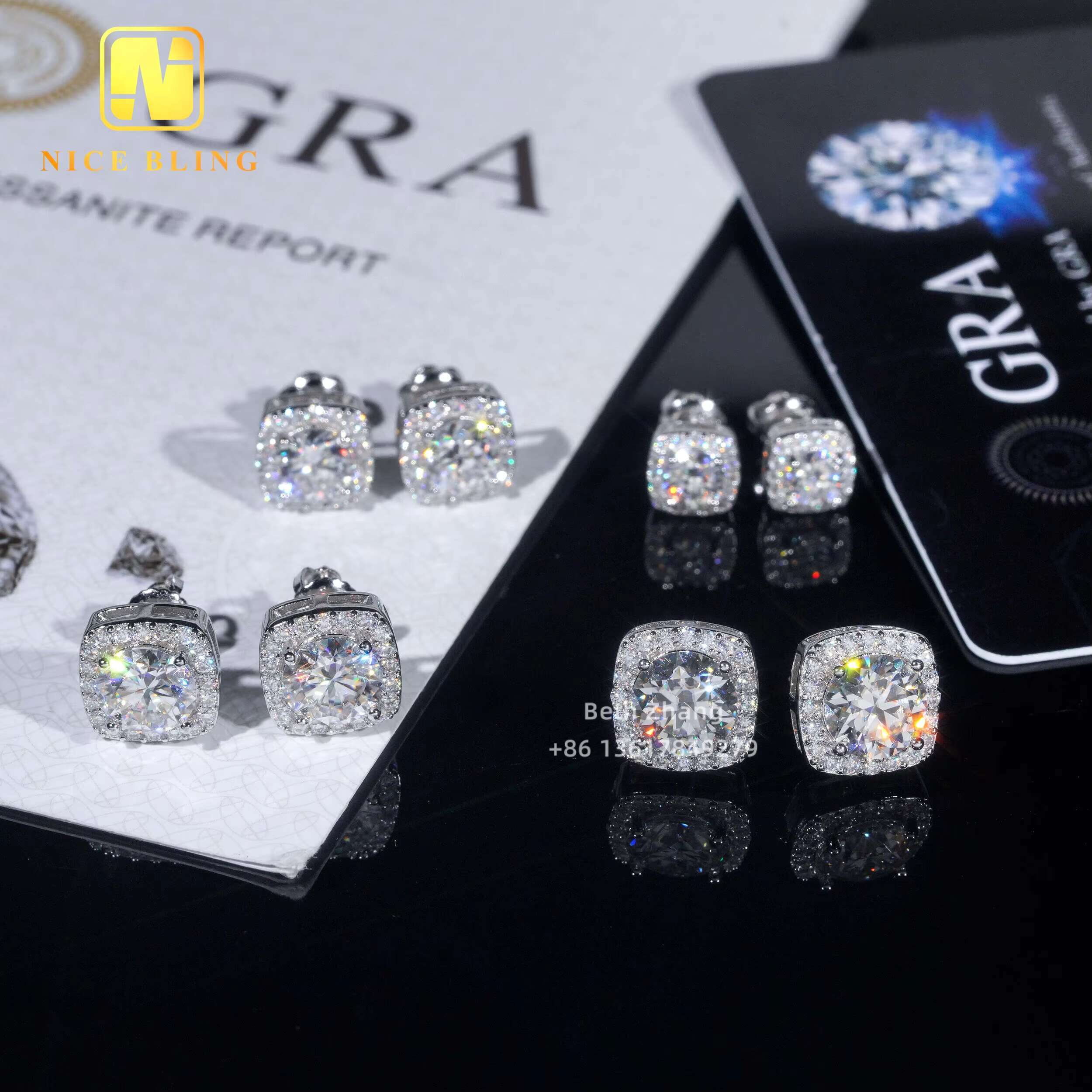 Square Shape Earrings 925 Silver Fashion Hip Hop Jewelry VVS Moissanite Halo Earrings Screw Back Diamond Studs for Men Women