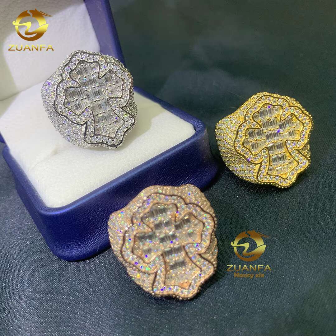 Fashion Cross Style Mans 925 Sterling Silver Ice Out Moissanite Diamond Hip Hop Rapper Jewelry Cuban Ring