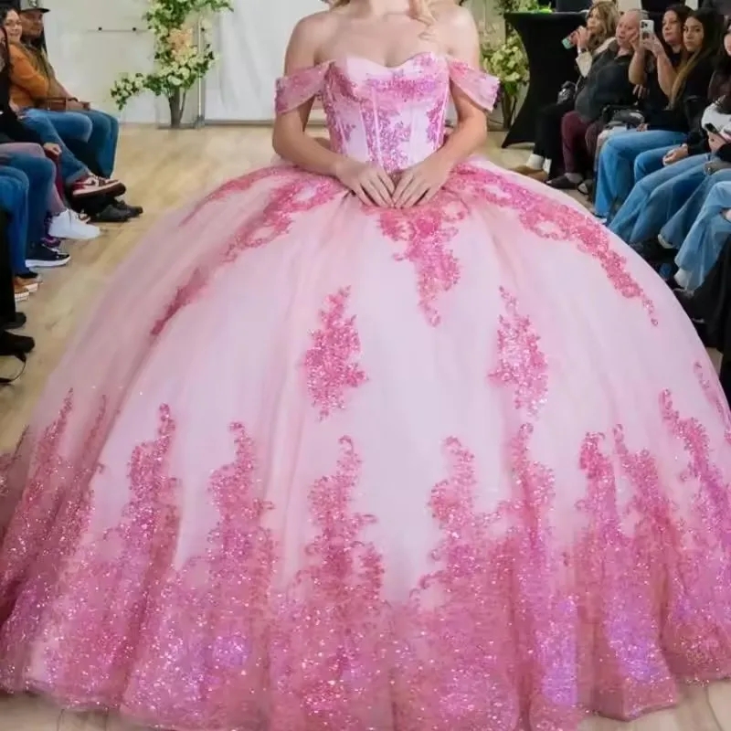 Pink Shiny Princess Ball Gown Quinceanera Dresses Vestidos De 15 Anos XV Appliques Lace Beading Formal Birthday Party Sweet 16 Dress