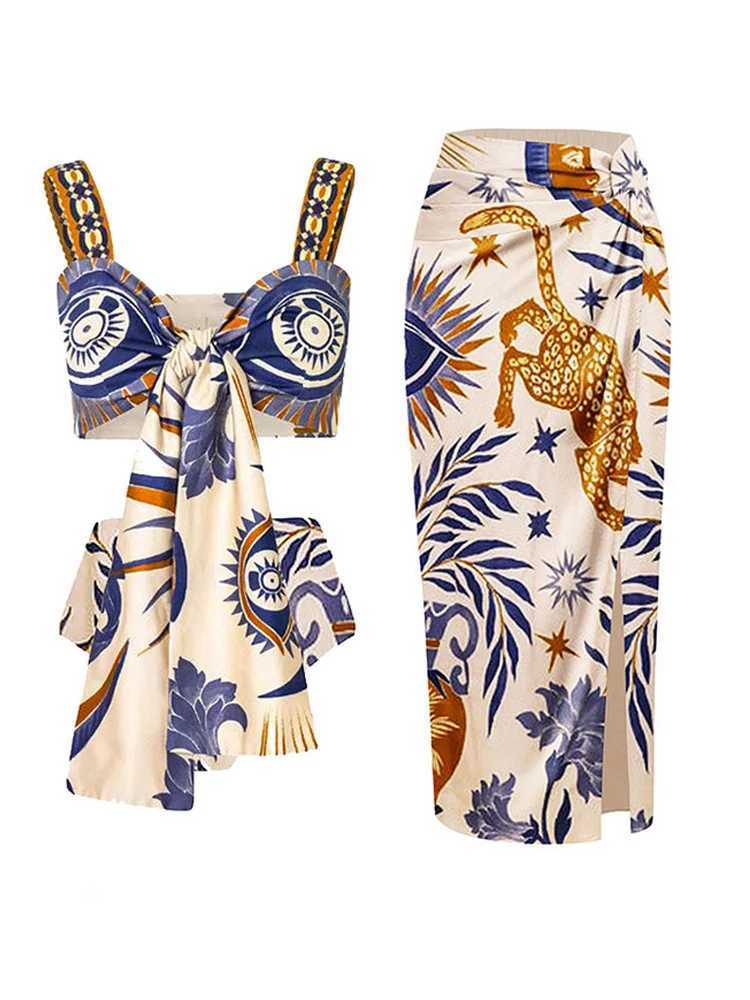 Elegant Lace Up Printed Bikini 2025 Women Push Up Sexy High Waisted 2 Piece Swimsuit Set with Beach Vacation Chiffon Wrap Skirt XJ250624