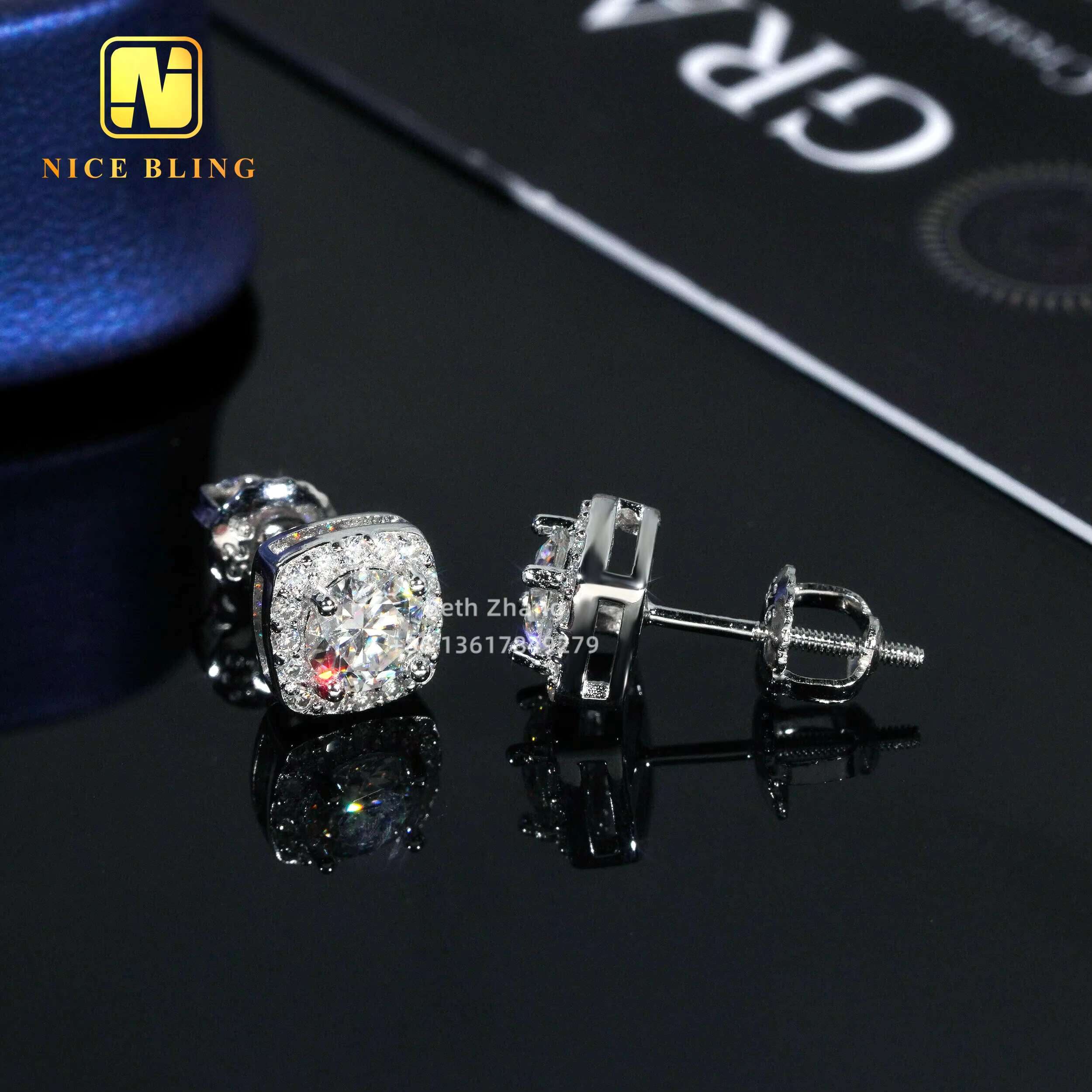 Square Shape Earrings 925 Silver Fashion Hip Hop Jewelry VVS Moissanite Halo Earrings Screw Back Diamond Studs for Men Women