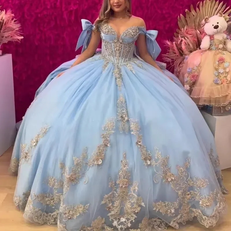 Sky Blue Shiny Princess Quinceanera Dresses Off-Shoulder Bow Ruffle Appliques Lace Beads Tull Sweet 16 Dress Vestidos 15 De XV Anos