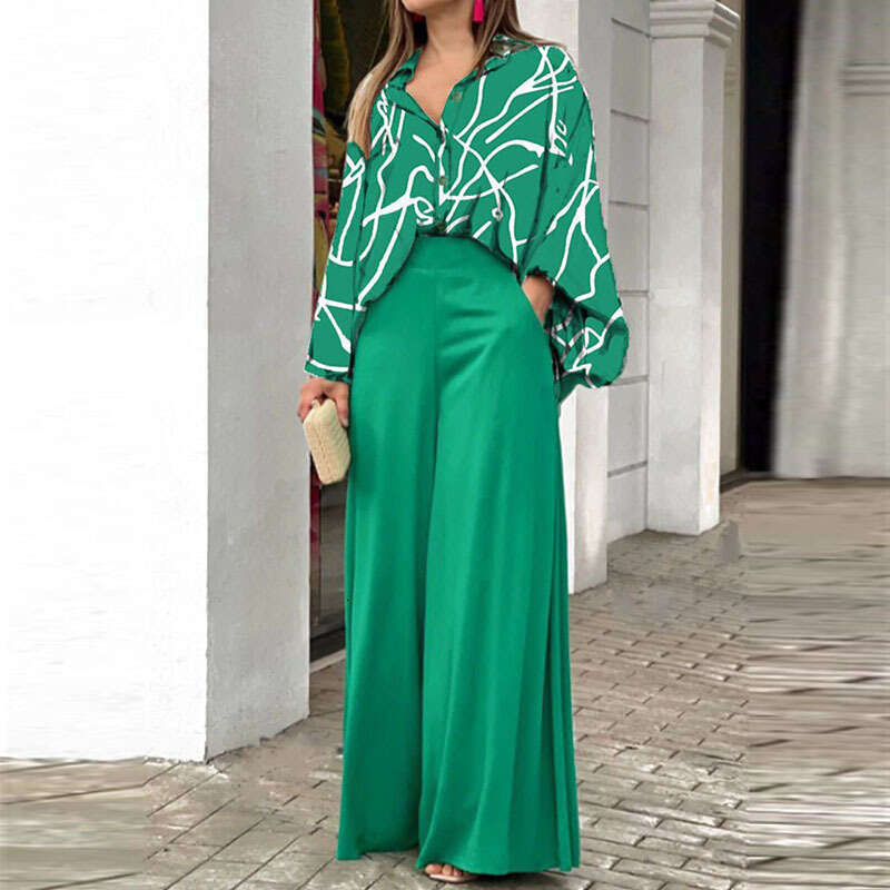 Women Clothing Spring Suit Loose Elegant Casual Print Shirt Blouse Wide Leg Pants Fashion Sets Female B5