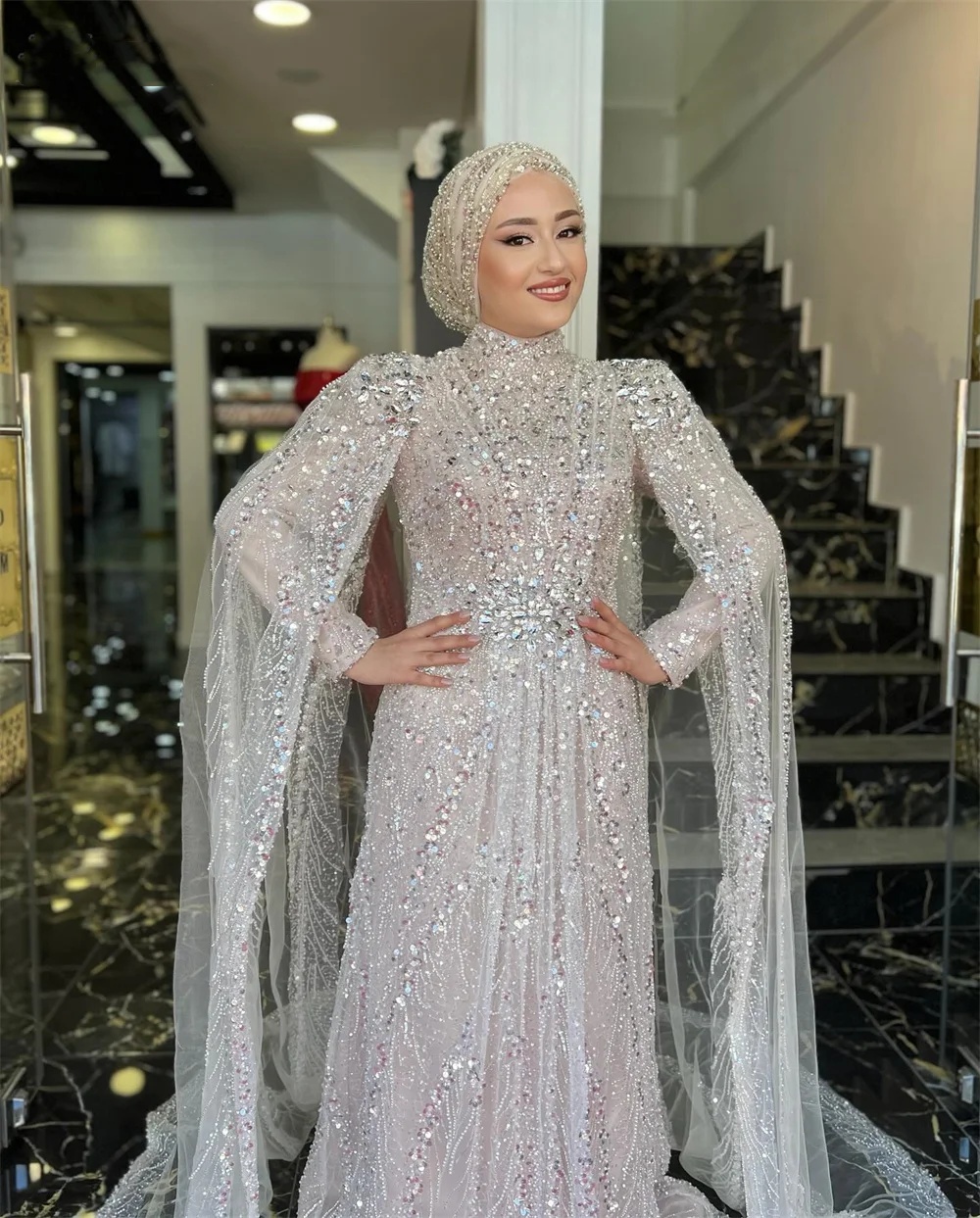 Muslim High Neck Wedding Dresses Sequins Pearls Bridal Gowns with Cape Crystal Long Sleeves the Middle East Customized Bride Vestidos De Novia Plus Si