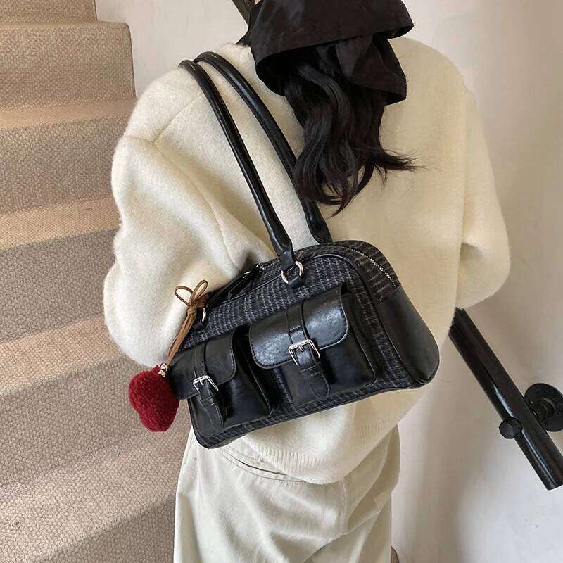 Ladies Plaid Brown Handbag Leather Splicing Women Tote Multi Pocket Commuter Underarm Purse Vintage Locomotive Shoulder Bag