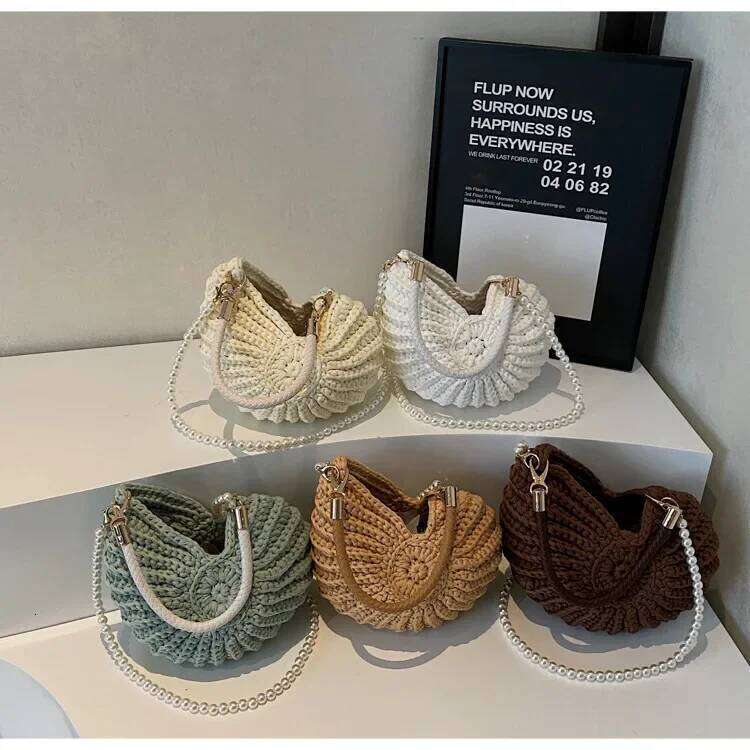 Fashion Conch Shaped Crochet Women Shoulde Bags Funny Cute Pearls Chains Handmade Weave Crossbody Bag Novelty Small Handbags
