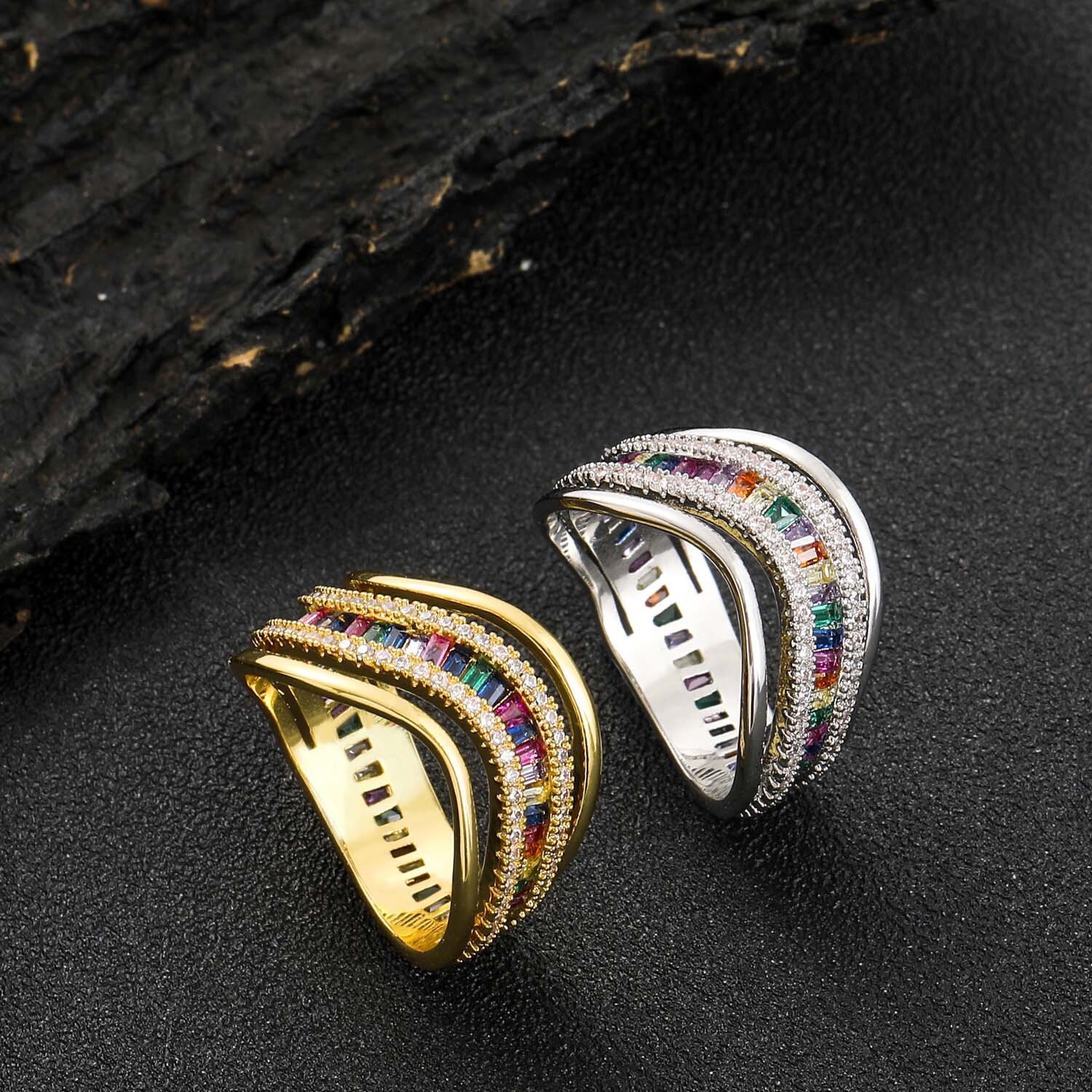 High End Moissanite Ring Colorful Bling Bling Irregular Design Trendy Unisex Couple Rings Hip Hop Iced Out Swag Accessory Passes the diamond tester