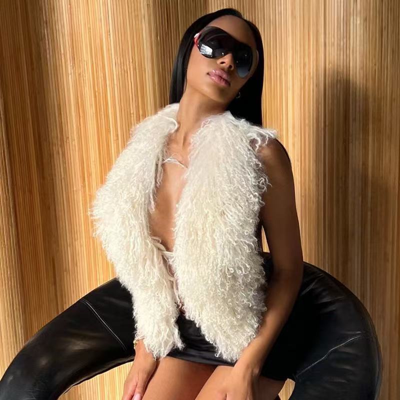Real Mongolian Fur Waistcoat Women Furry Backless Bandage Halter Crop Vests Coat