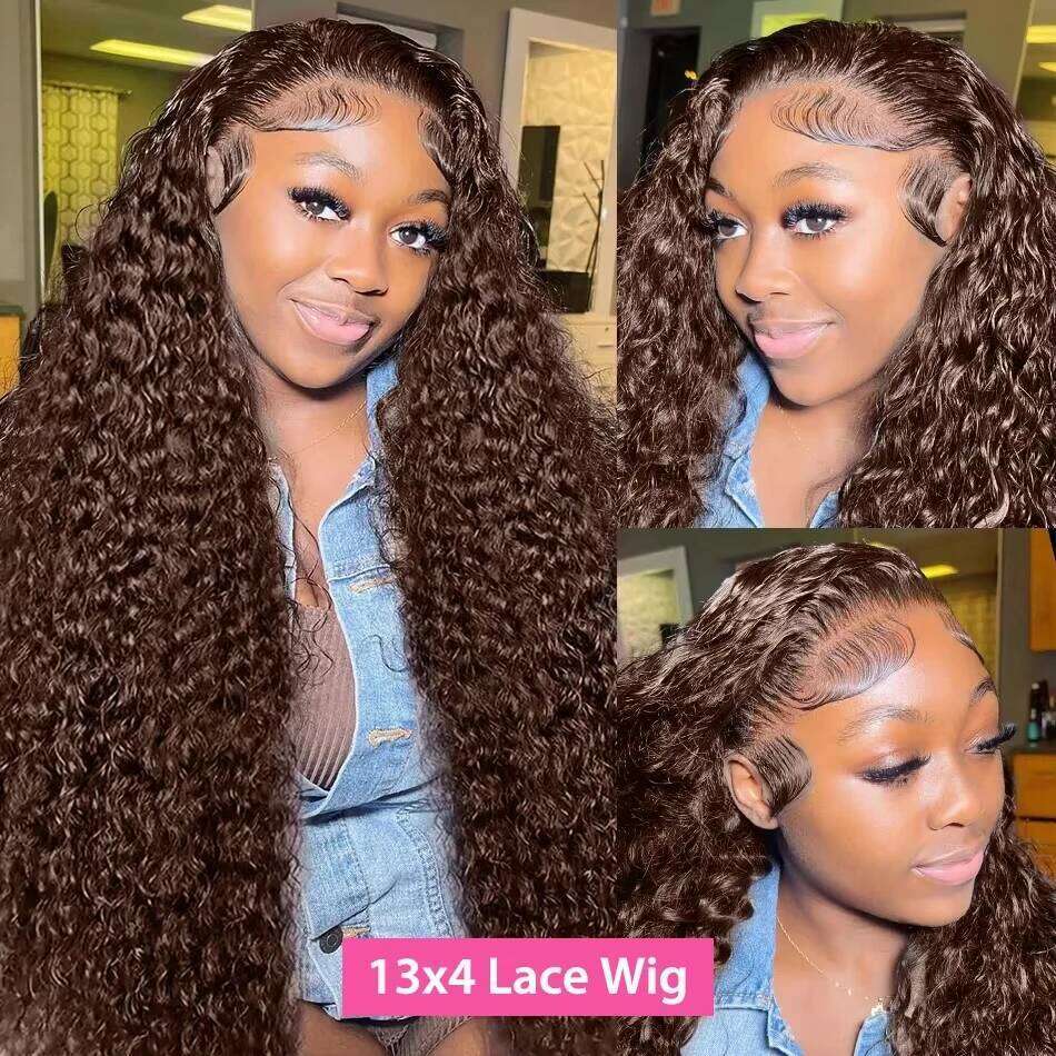 13X4 Chocolate Brown Curly Front Colored 100% Human Hair Wigs Pre Plucked Deep Wave 13X6 Hd Lace Frontal Brazilian Wig