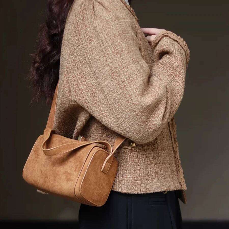 Vintage Suede Box Shoulder For Women Cover Small Square Crossbody Bag Classic Solid Color Underarm Bags Design Totes