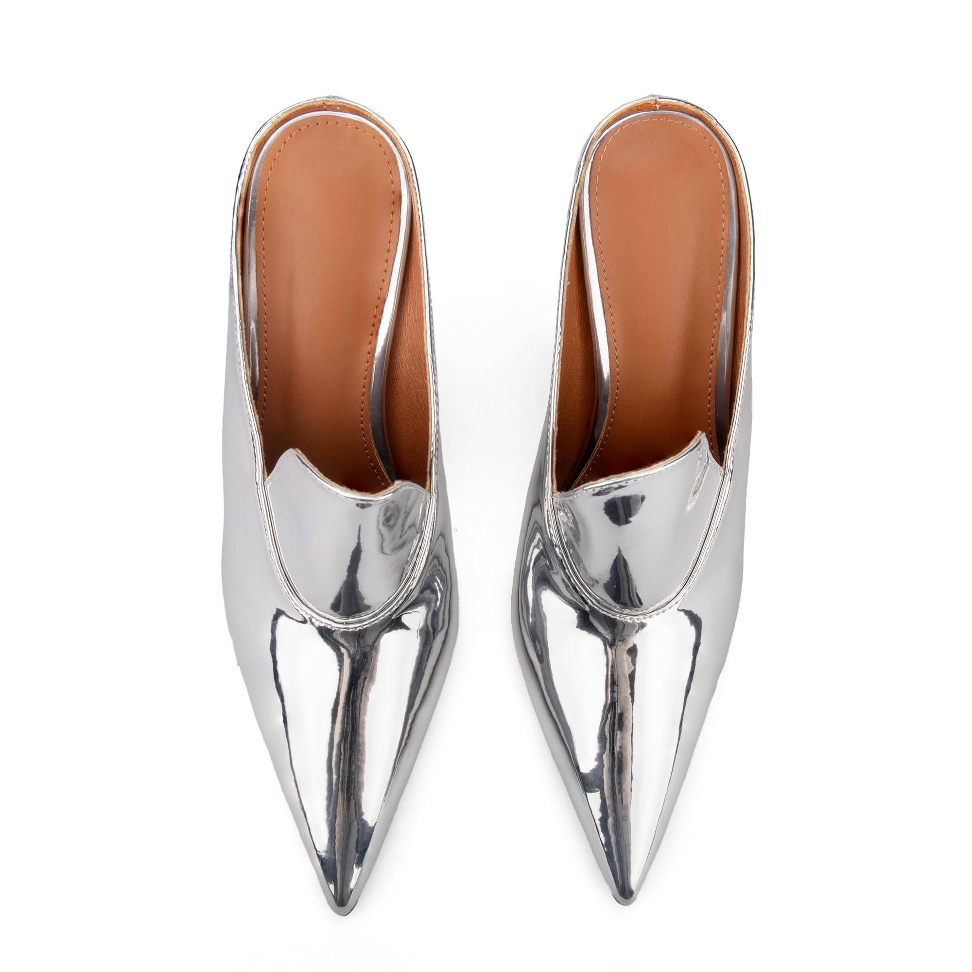 ARQA Metallic Heeled Mules for Women Sexy Pointed Closed Toe Slip On Wedge Mule Pumps Heels 3.94 inches curved heels.