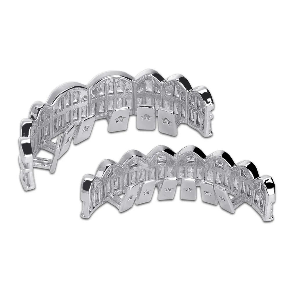 JINAO Plated HIP HOP Teeth Top Bottom Grills Set With silicone Shiny Grill Sets Bling Cubic Zircon 250606