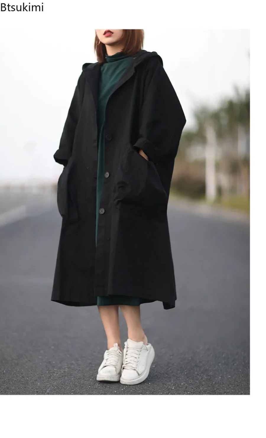 Fashion Korean Style Hooded Jacket for Women Loose Casual Big Pockets Trench Coats Ladies Retro Mid-length Jacket Oversized 250625