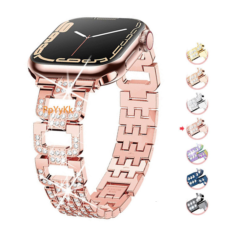 Luxury Premium Fashion D Shaped Full Diamond Inlaid Five Link Metal Watch Band for Apple Watch Series 1-9