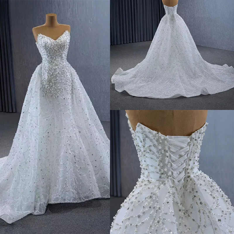 Luxury Pearls Mermaid Wedding Dress Beading Crystal Strapless Bride Gowns Detachable Sweep Train Bridal Dresses Customized