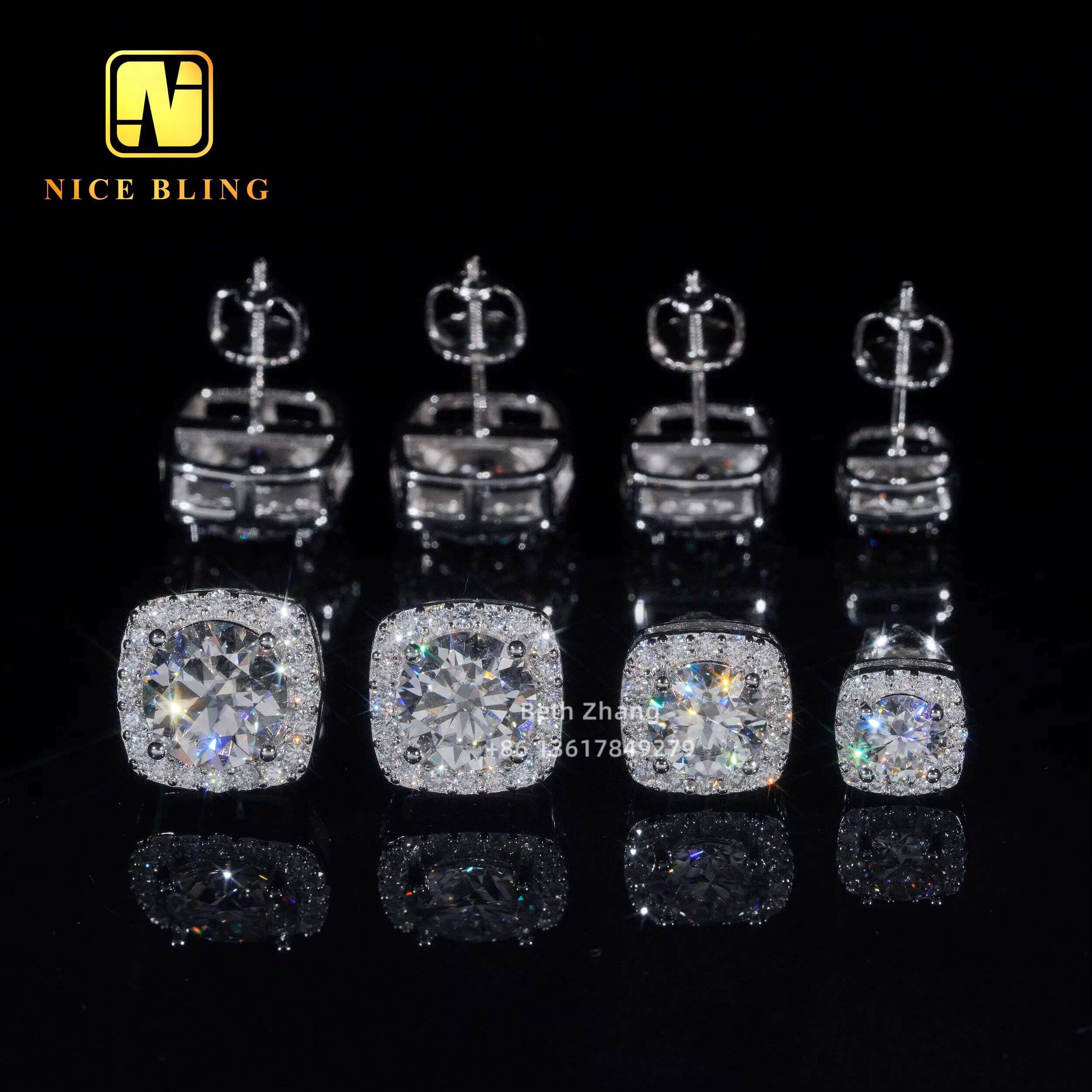 Square Shape Earrings 925 Silver Fashion Hip Hop Jewelry VVS Moissanite Halo Earrings Screw Back Diamond Studs for Men Women