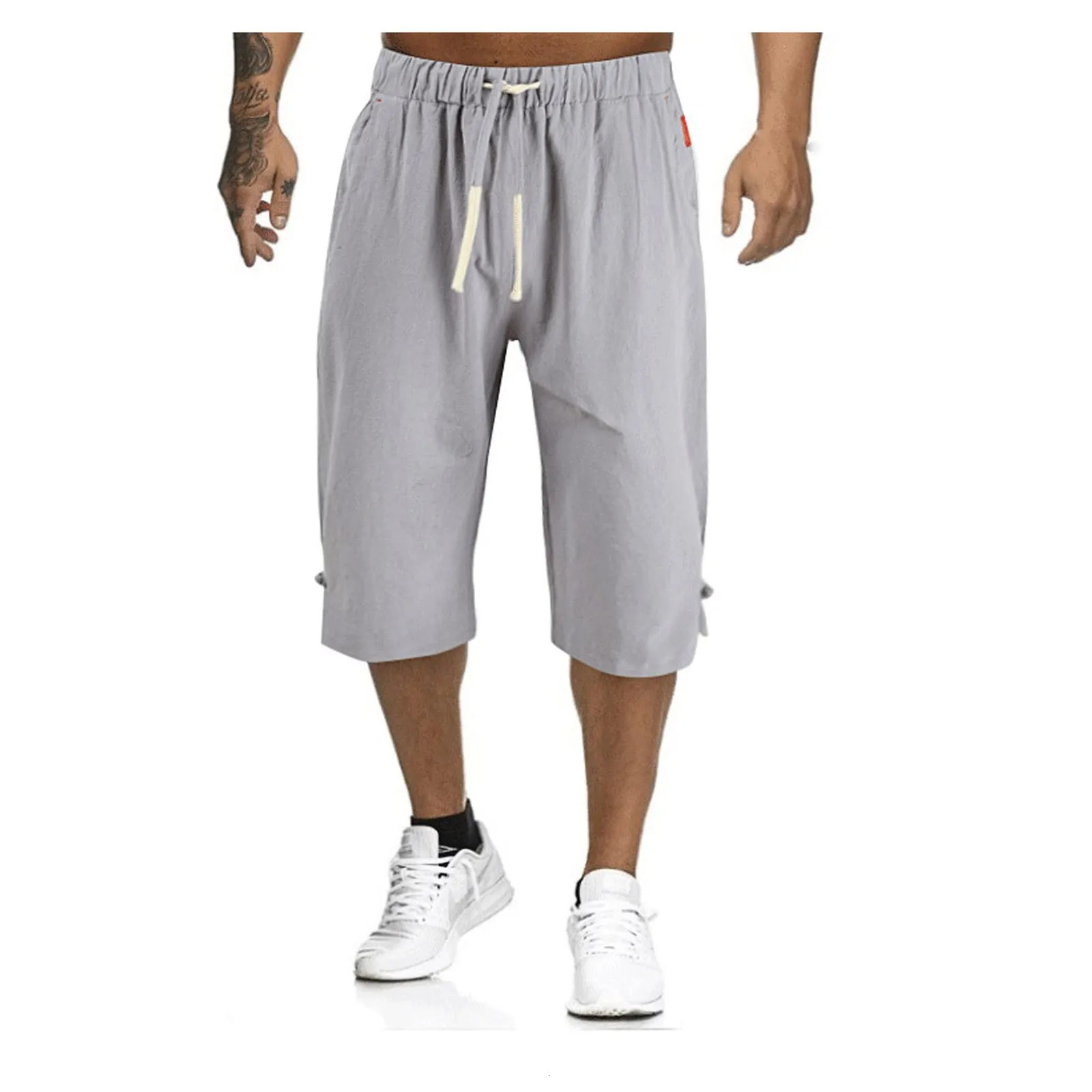 Cotton Linen MenS Loose Tie Casual Pants Elastic Waist Beach Cropped 250614