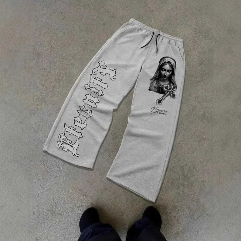 Gothic dark hip-hop casual straight leg pants mens printed loose sports pants trendy and fashionable drawstring sweatpants X250625