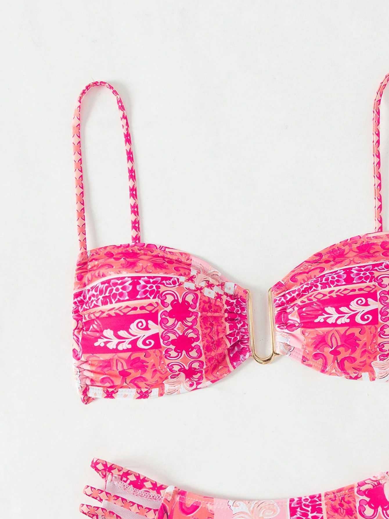 European and American ladies bikini pink print sweet senior adult high waist slim triangle swimsuit XJ250624