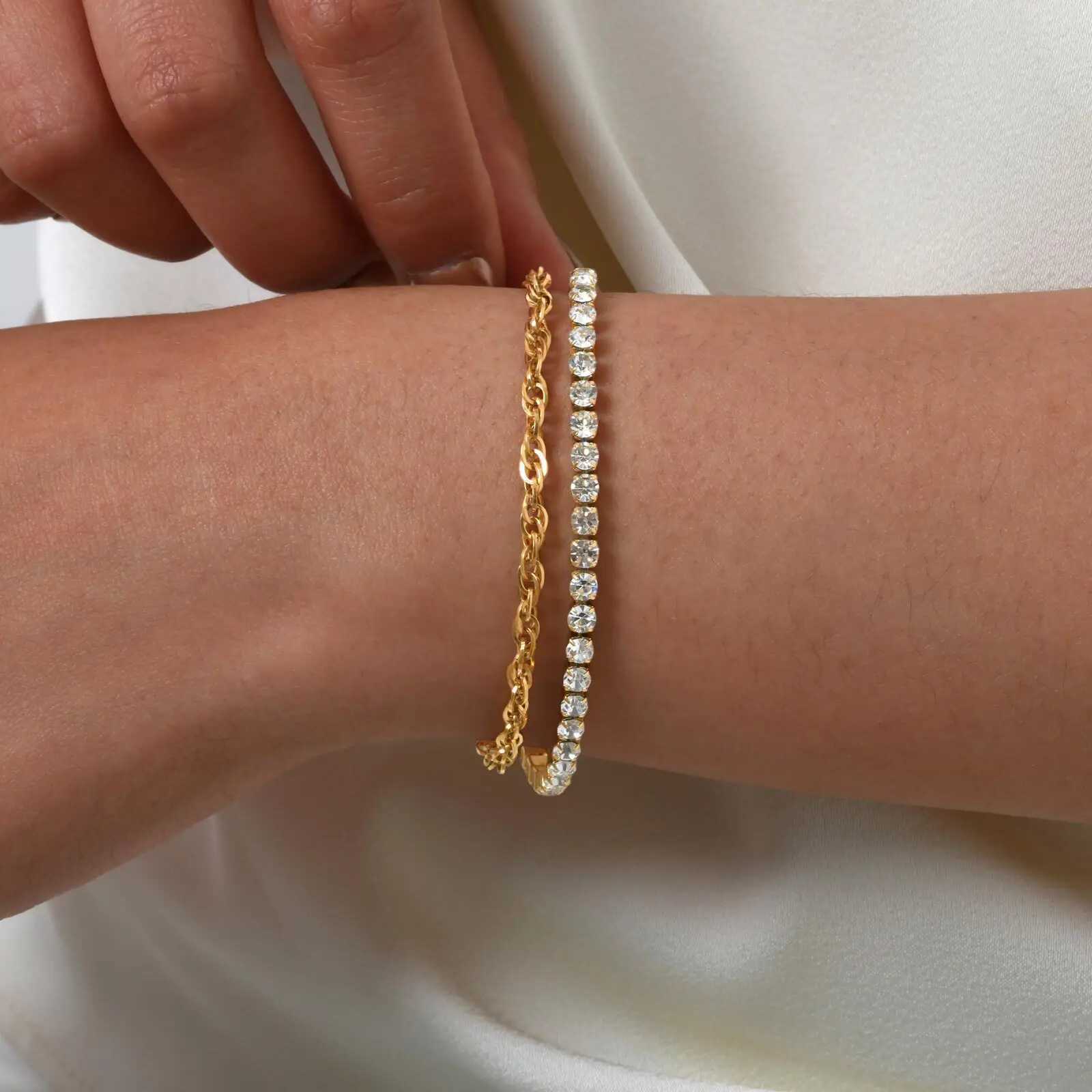 Vnox Stainless Steel Cubic Zirconia Chain Bracelet For Women Double Layer Twist Chain Charm Bracelet Luxury Jewelry Girls Gifts X250625