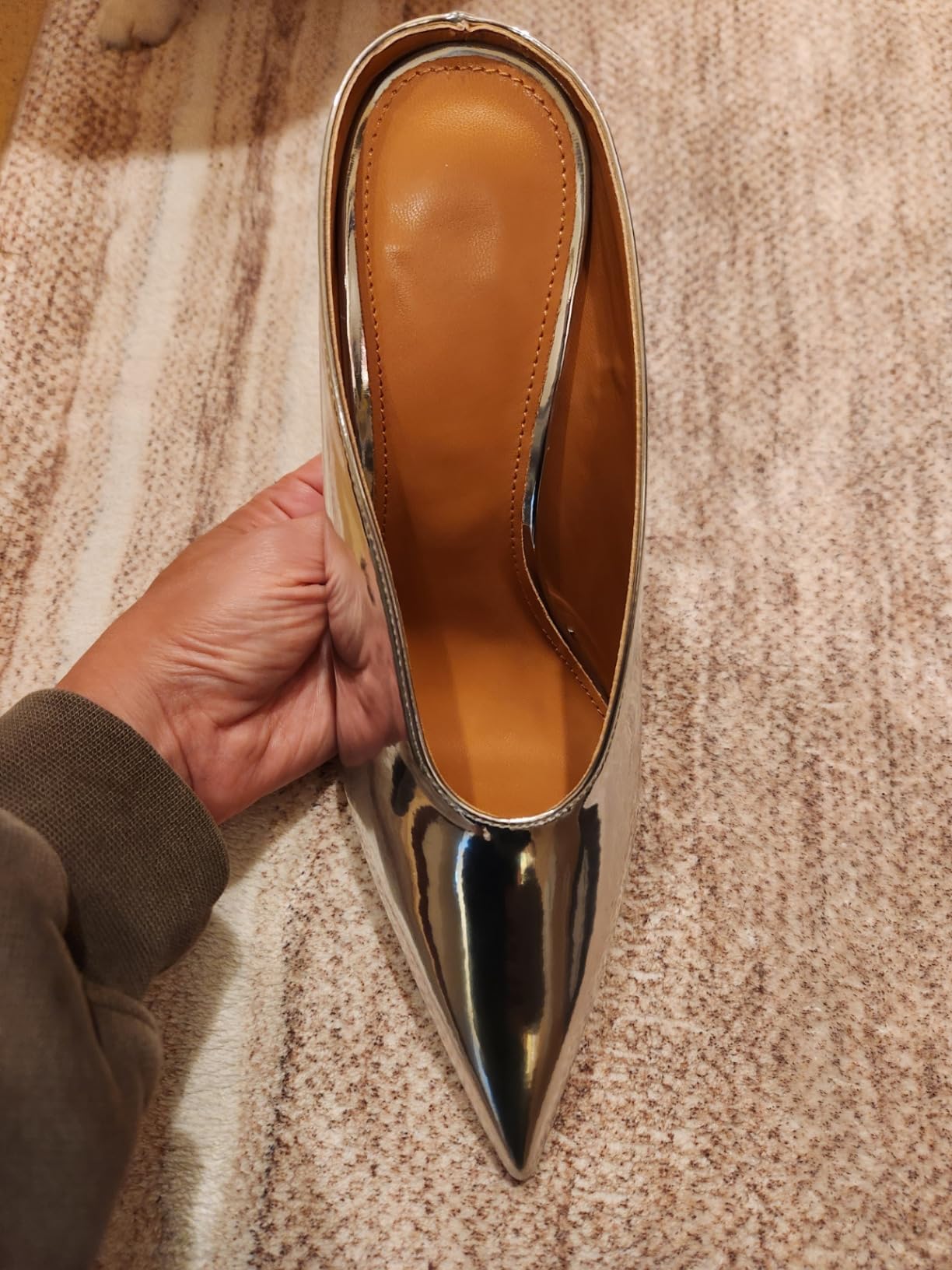 ARQA Metallic Heeled Mules for Women Sexy Pointed Closed Toe Slip On Wedge Mule Pumps Heels 3.94 inches curved heels.