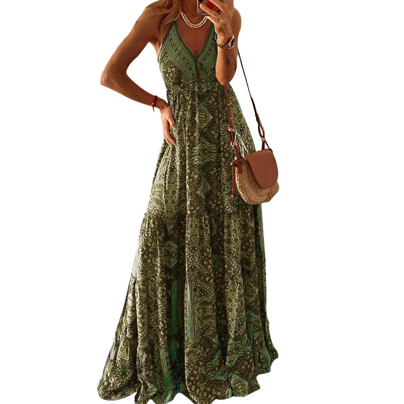 Y625New hot selling women's suspender skirt bohemian style holiday print dress