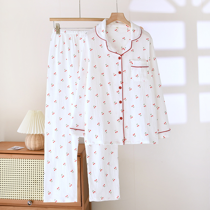 Factory direct sales of new spring and autumn styles of cherry bubble cotton pajamas for women, long sleeved pants, lapel cute home clothing sets